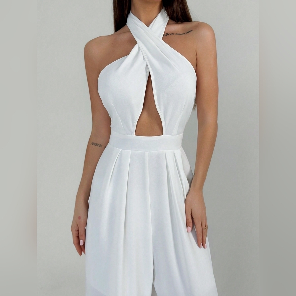 White Halter Neck Tie Waist Pleated Backless Plain Street - Picture 3 of 5